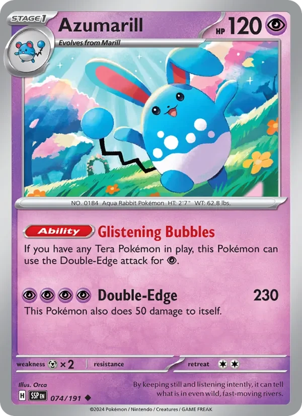 Azumarill 074/191 Surging Sparks Pokémon card, Uncommon, front scan