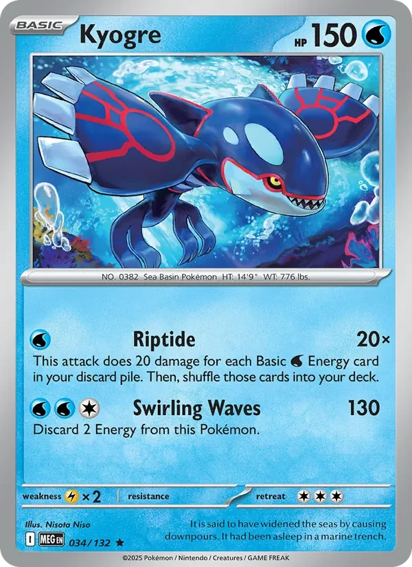Kyogre 034/132 Mega Evolution Pokémon card, Rare, front scan