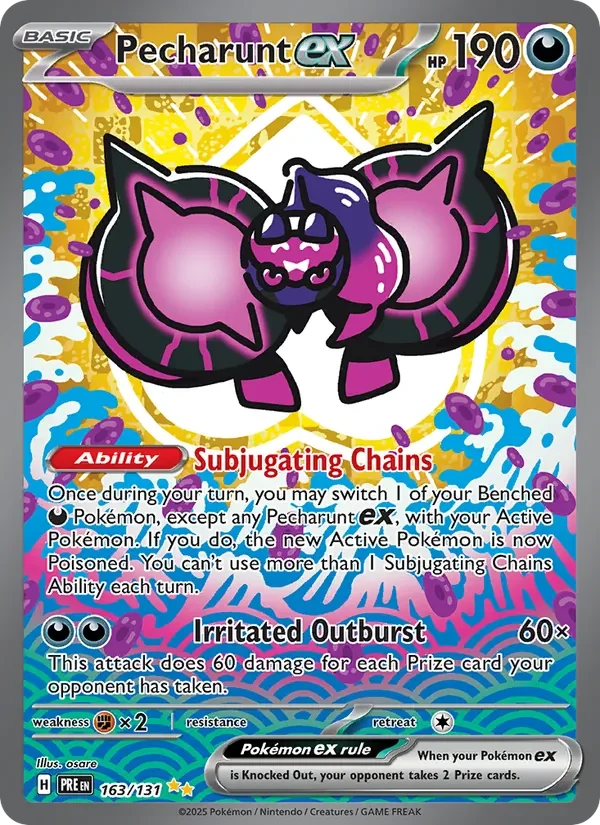 Pecharunt ex 163/131 Prismatic Evolutions Pokémon card, Special Illustration Rare, front scan