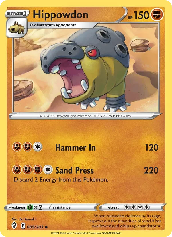 Hippowdon 085/203 Evolving Skies Pokémon card, Uncommon, front scan