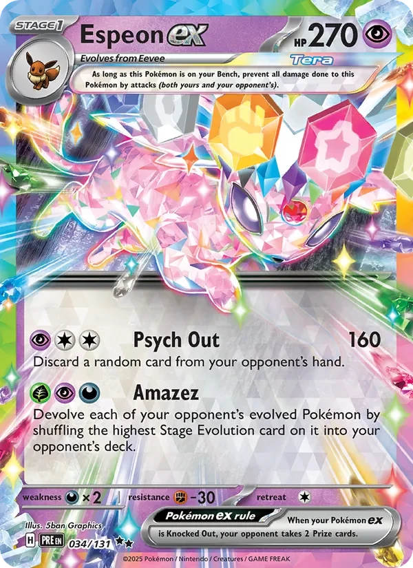 Espeon ex 034/131 Prismatic Evolutions Pokémon card, Double Rare, front scan