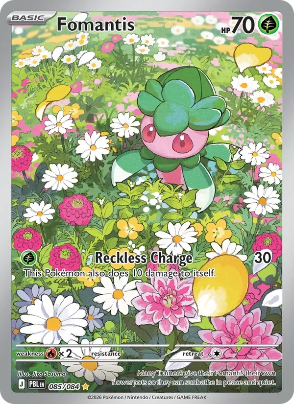Fomantis 085/084 Pitch Black Pokémon card, Illustration Rare, front scan