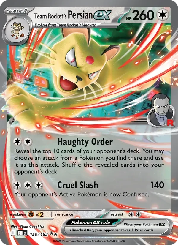 Team Rocket's Persian ex 150/182 Destined Rivals Pokémon card, Double Rare, front scan