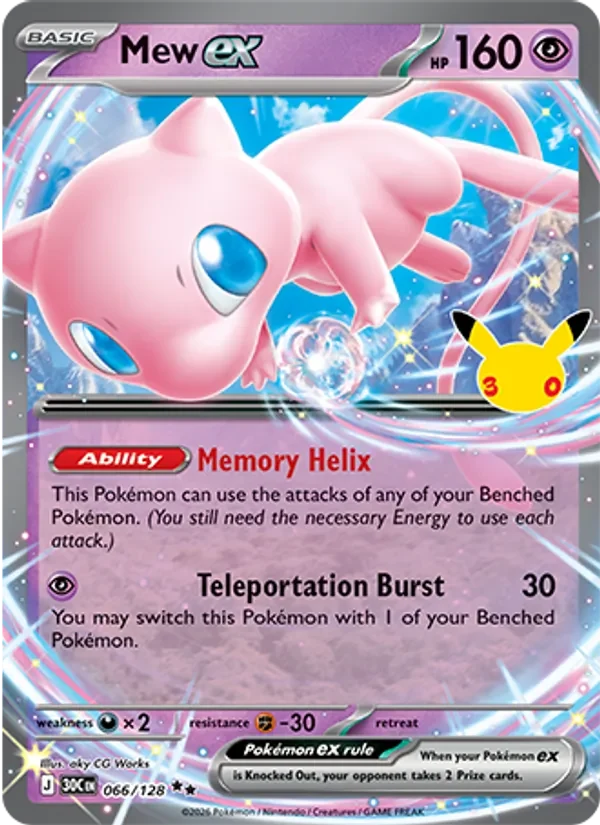 Mew ex 066/128 30th Celebration Pokémon card, Double Rare, front scan