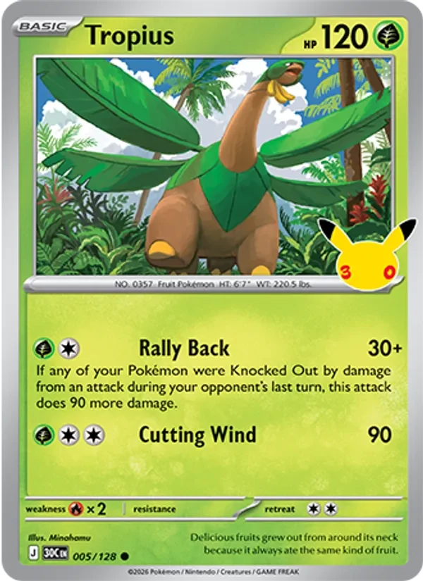Tropius 005/128 30th Celebration Pokémon card, Common, front scan
