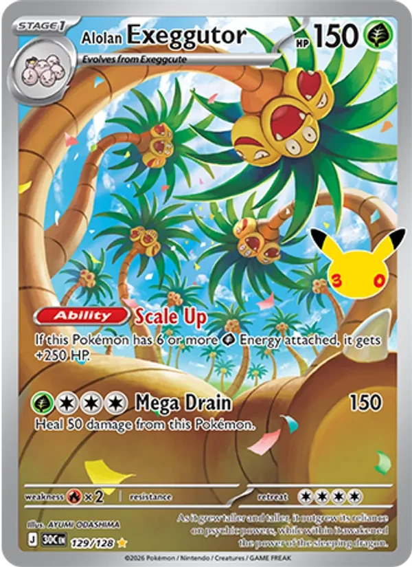Alolan Exeggutor 129/128 30th Celebration Pokémon card, Illustration Rare, front scan