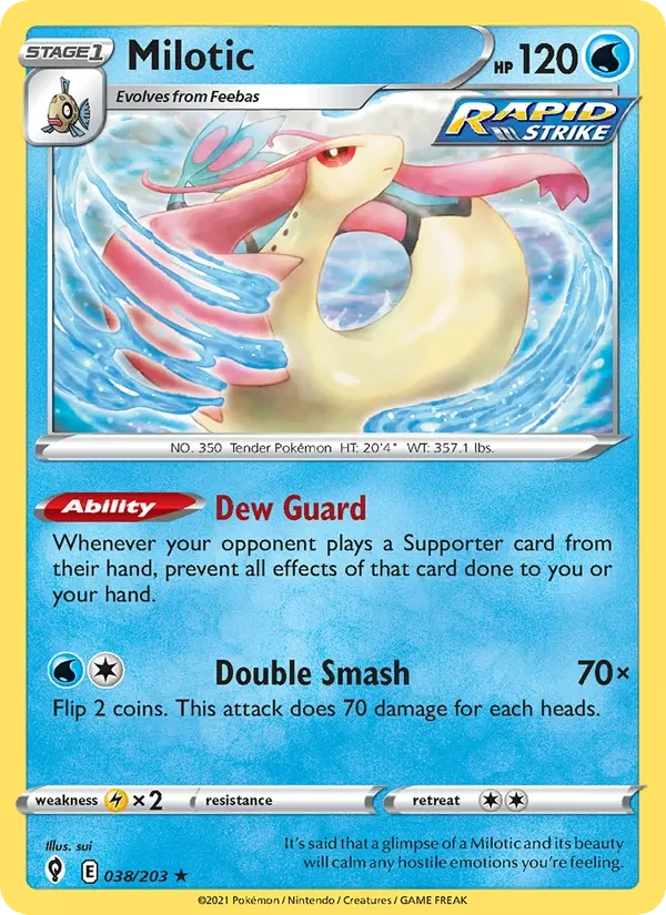 Milotic 038/203 Evolving Skies Pokémon card, Rare, front scan