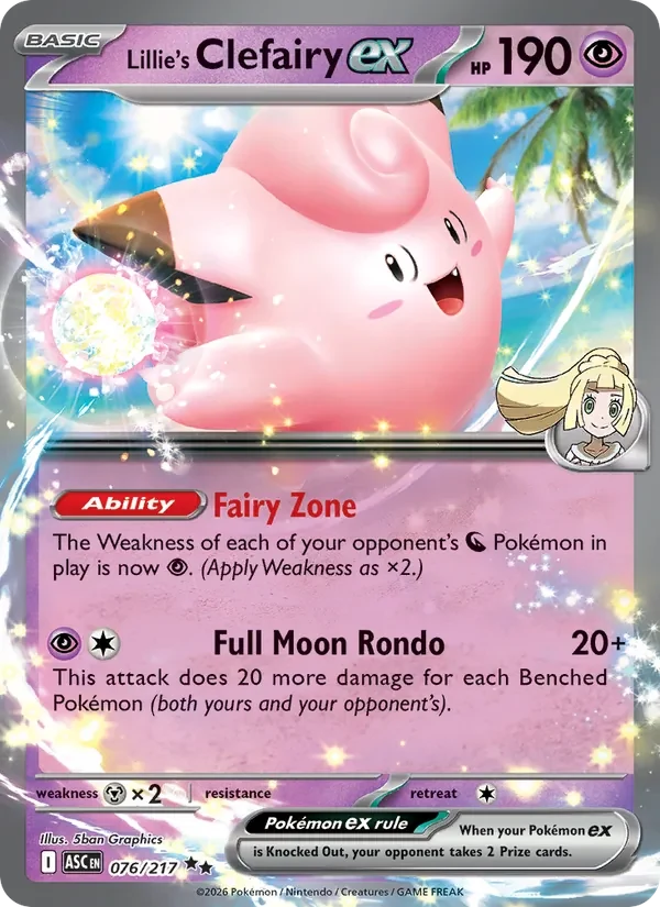 Lillie's Clefairy ex 076/217 Ascended Heroes Pokémon card, Double Rare, front scan