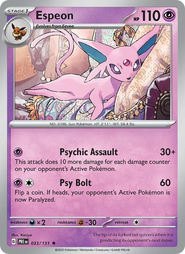 Espeon 033/131 Prismatic Evolutions Pokémon card, Rare, front scan