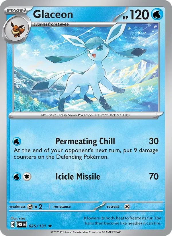 Glaceon 025/131 Prismatic Evolutions Pokémon card, Rare, front scan