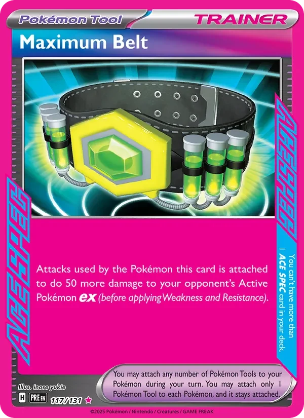 Maximum Belt 117/131 Prismatic Evolutions Pokémon card, Ace Spec Rare, front scan