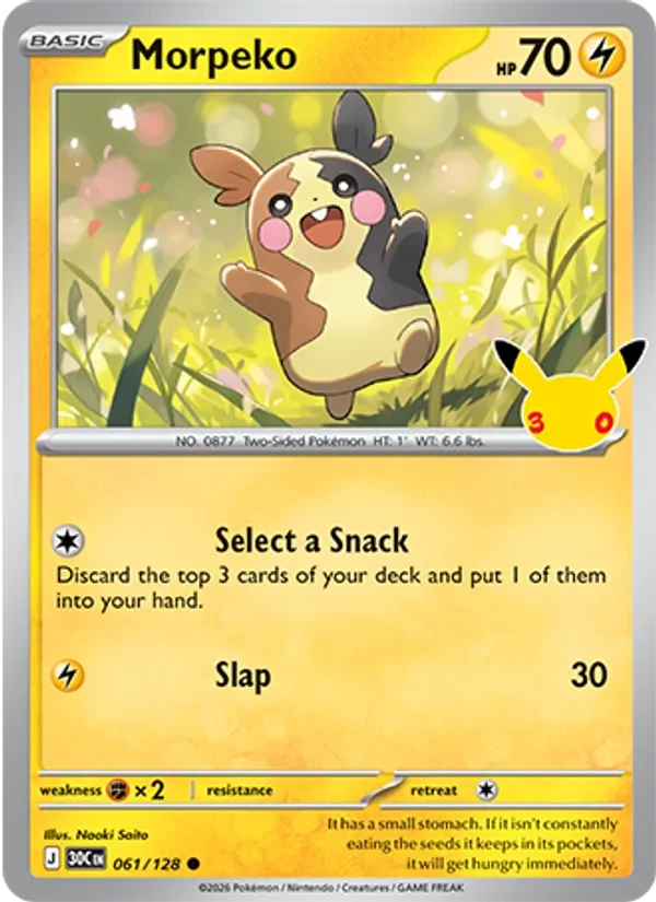 Morpeko 061/128 30th Celebration Pokémon card, Common, front scan