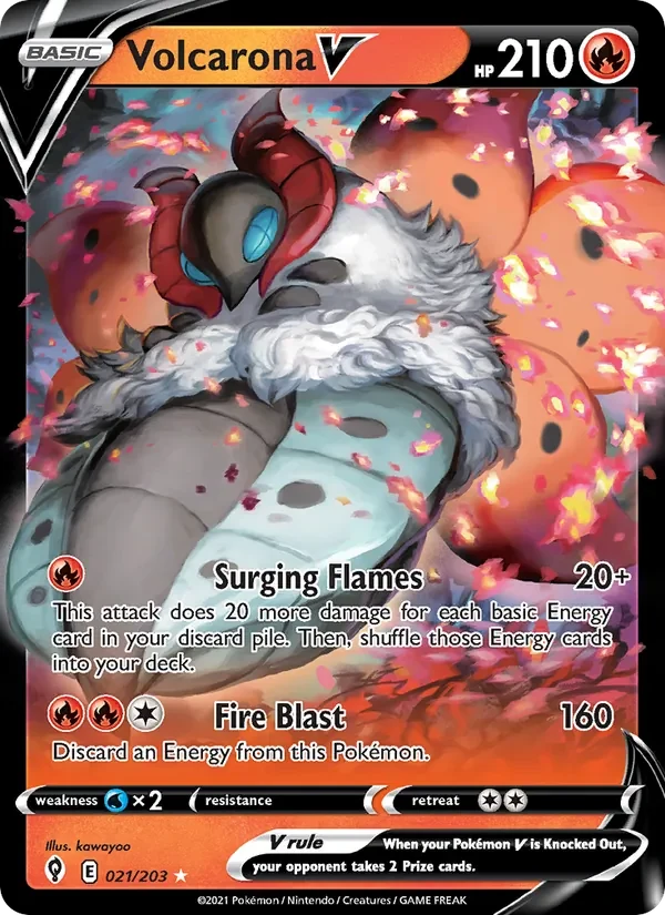 Volcarona V 021/203 Evolving Skies Pokémon card, Holo Rare V, front scan