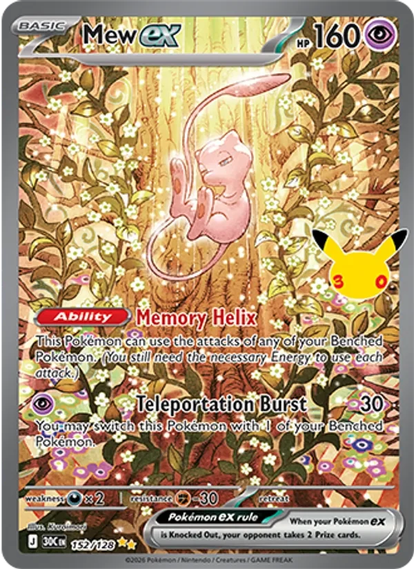 Mew ex 152/128 30th Celebration Pokémon card, Special Illustration Rare, front scan