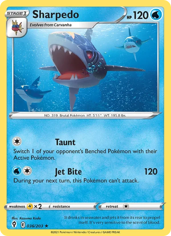 Sharpedo 036/203 Evolving Skies Pokémon card, Rare, front scan
