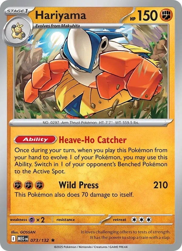 Hariyama 073/132 Mega Evolution Pokémon card, Rare, front scan