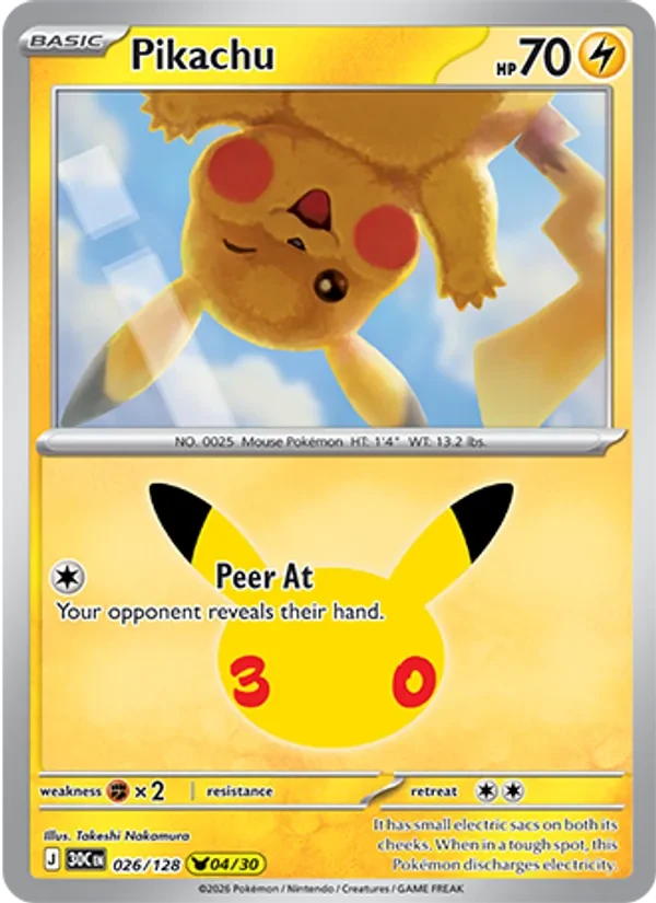 Pikachu 026/128 30th Celebration Pokémon card, Pikachu Rare, front scan