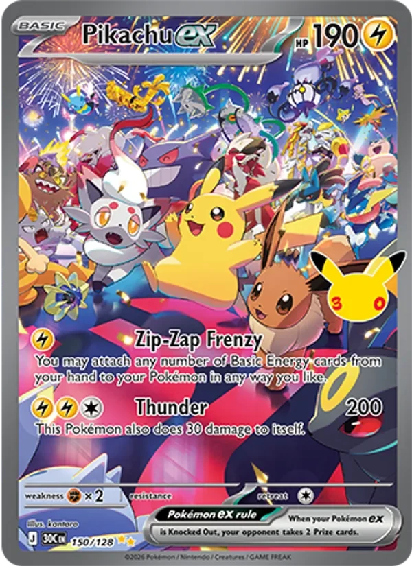 Pikachu ex 150/128 30th Celebration Pokémon card, Special Illustration Rare, front scan